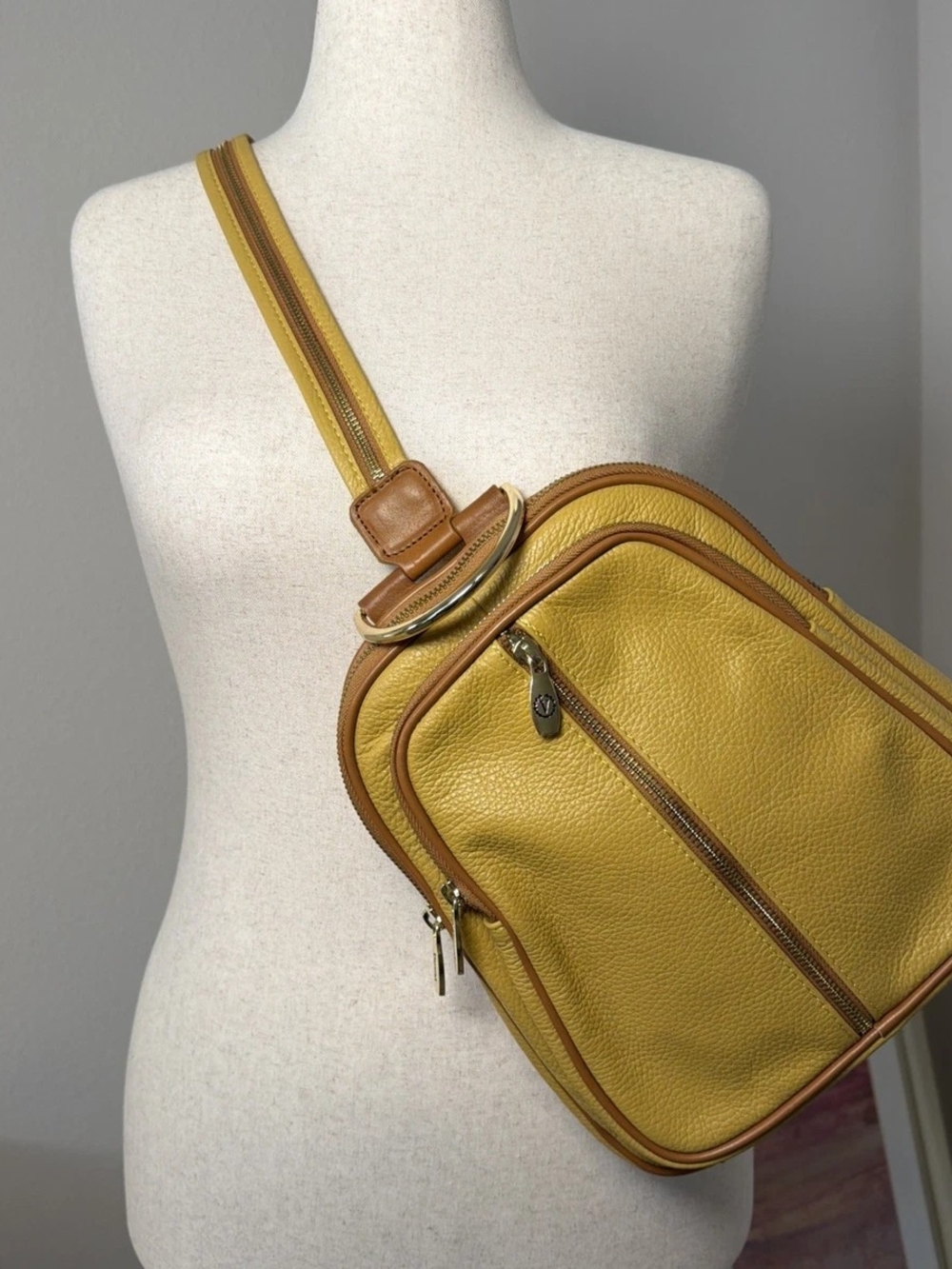 Valentina Yellow and Tan Leather Crossbody Sling Bag